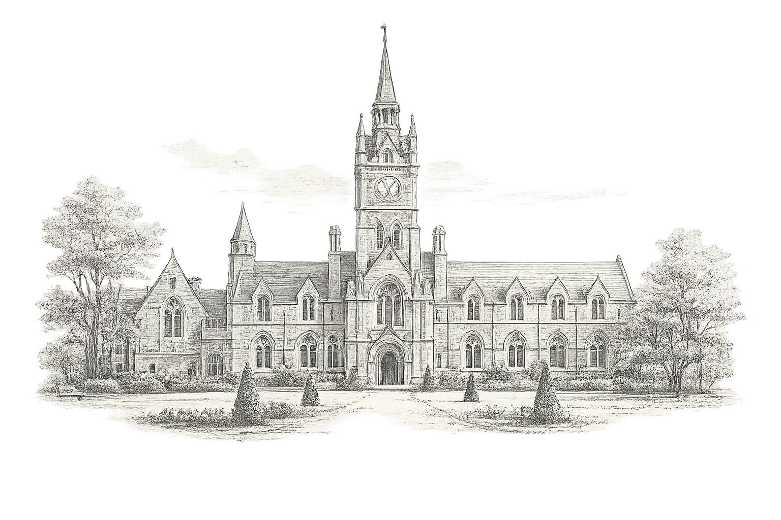 Brighton College — pencil illustration of the main building and grounds