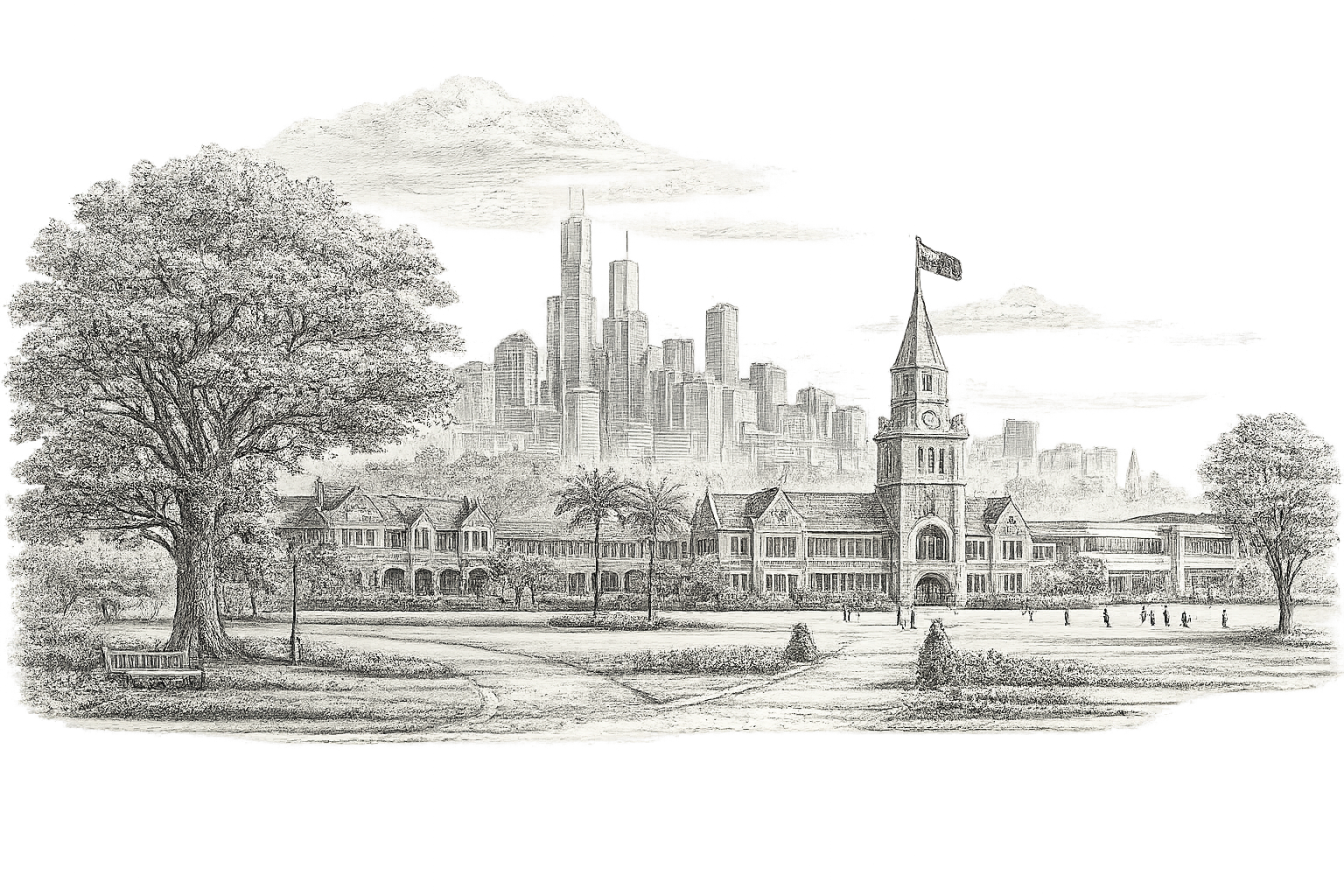 Brighton Grammar, Melbourne — pencil illustration of the school with the Melbourne skyline and a giant oak tree