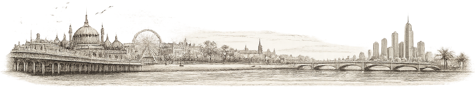 Hand-drawn engraving uniting the Brighton seafront, Melbourne skyline and Abu Dhabi into one horizon