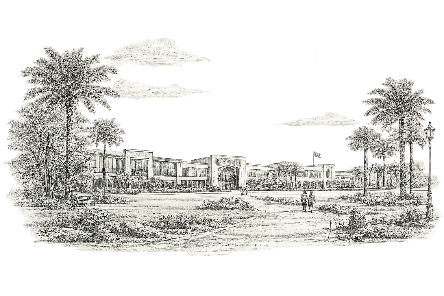 Cranleigh Abu Dhabi — pencil illustration of the modern campus with palm trees
